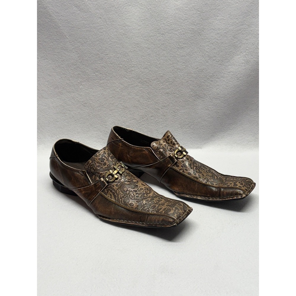 Paolo Giardini Mens Brown Leather Etched Floral Square Toe Bit Loafers Size 12